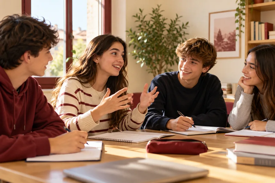 Adolescentes participando con confianza en una clase de conversación.