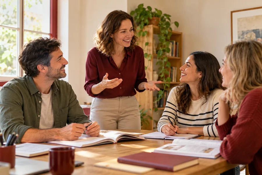 Adultos practicando inglés en un ambiente cercano.