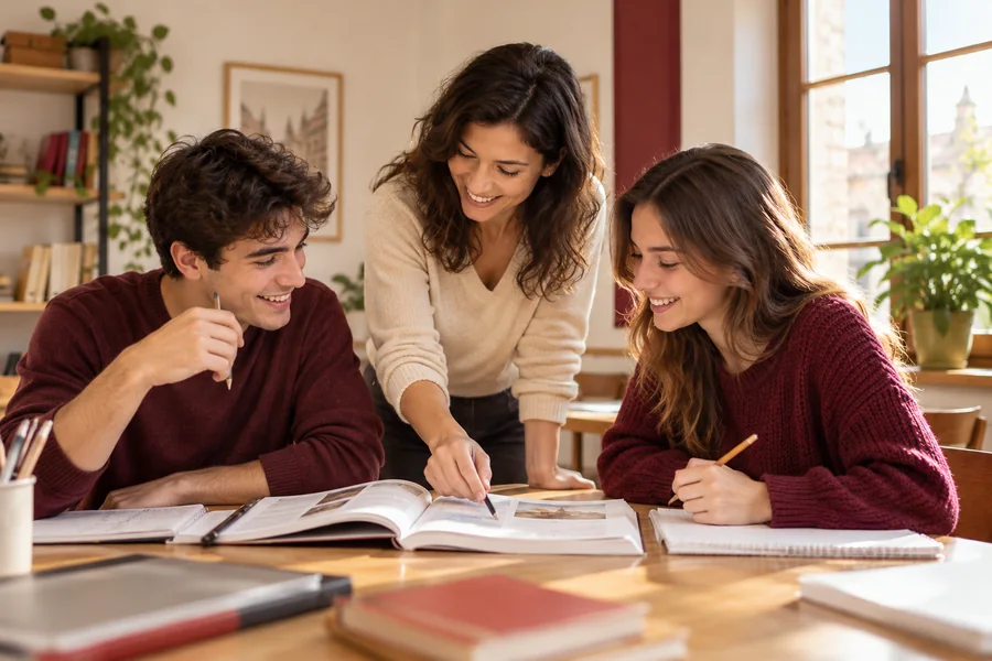 Estudiantes preparando un examen de inglés con el apoyo de su profesora.