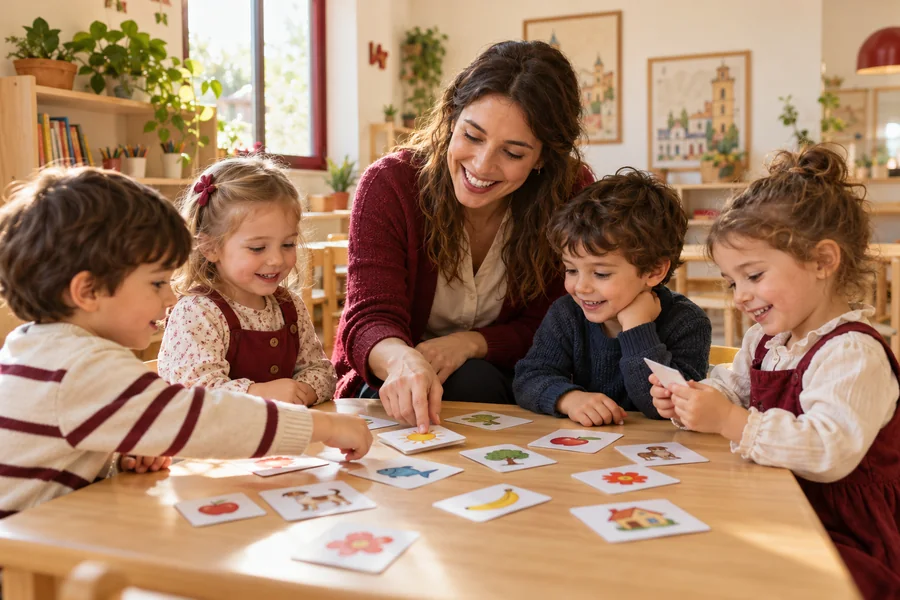 Niños de Infantil descubriendo el inglés con juegos y tarjetas.