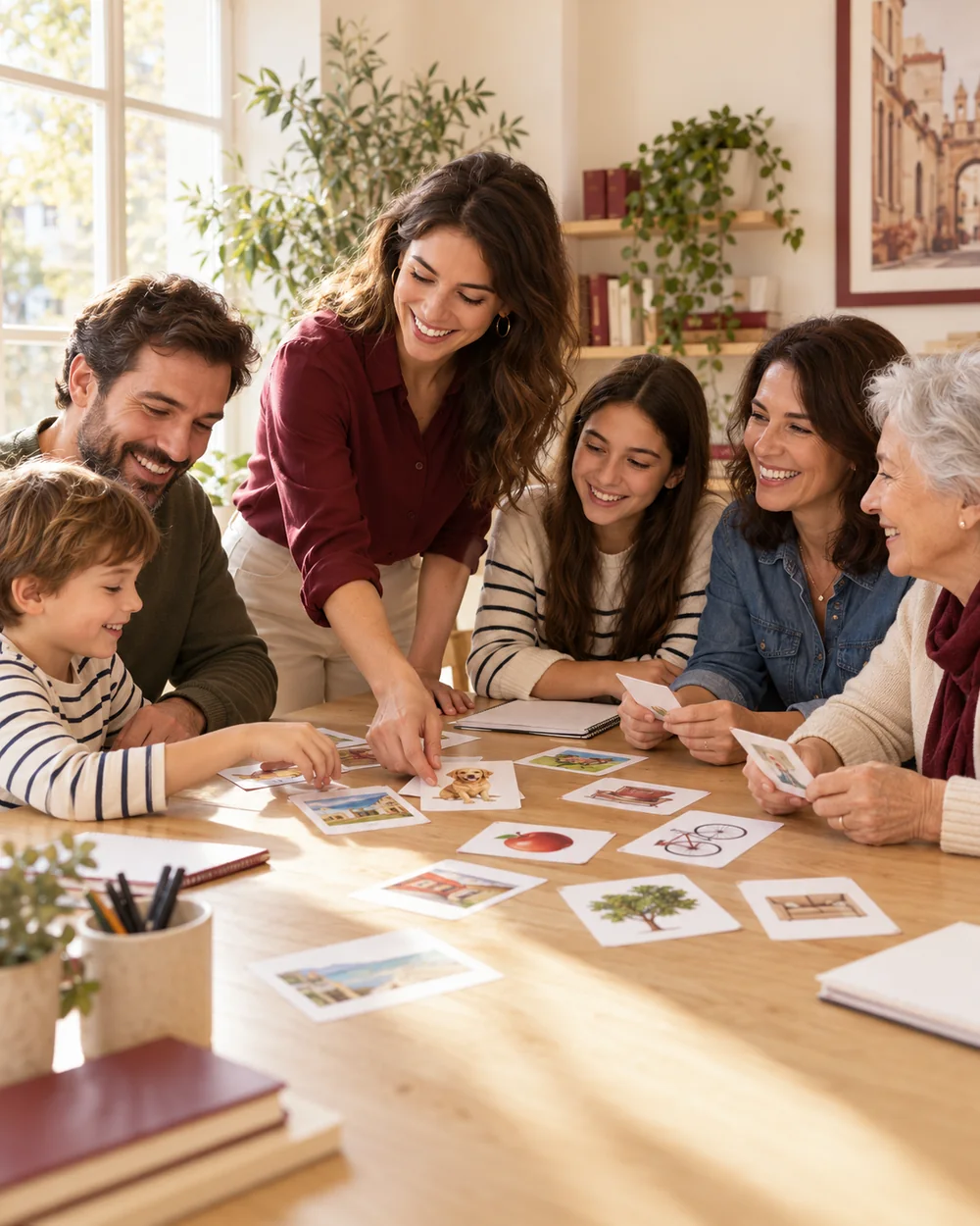 Aprender inglés juntos: una clase luminosa con alumnos de diferentes edades.